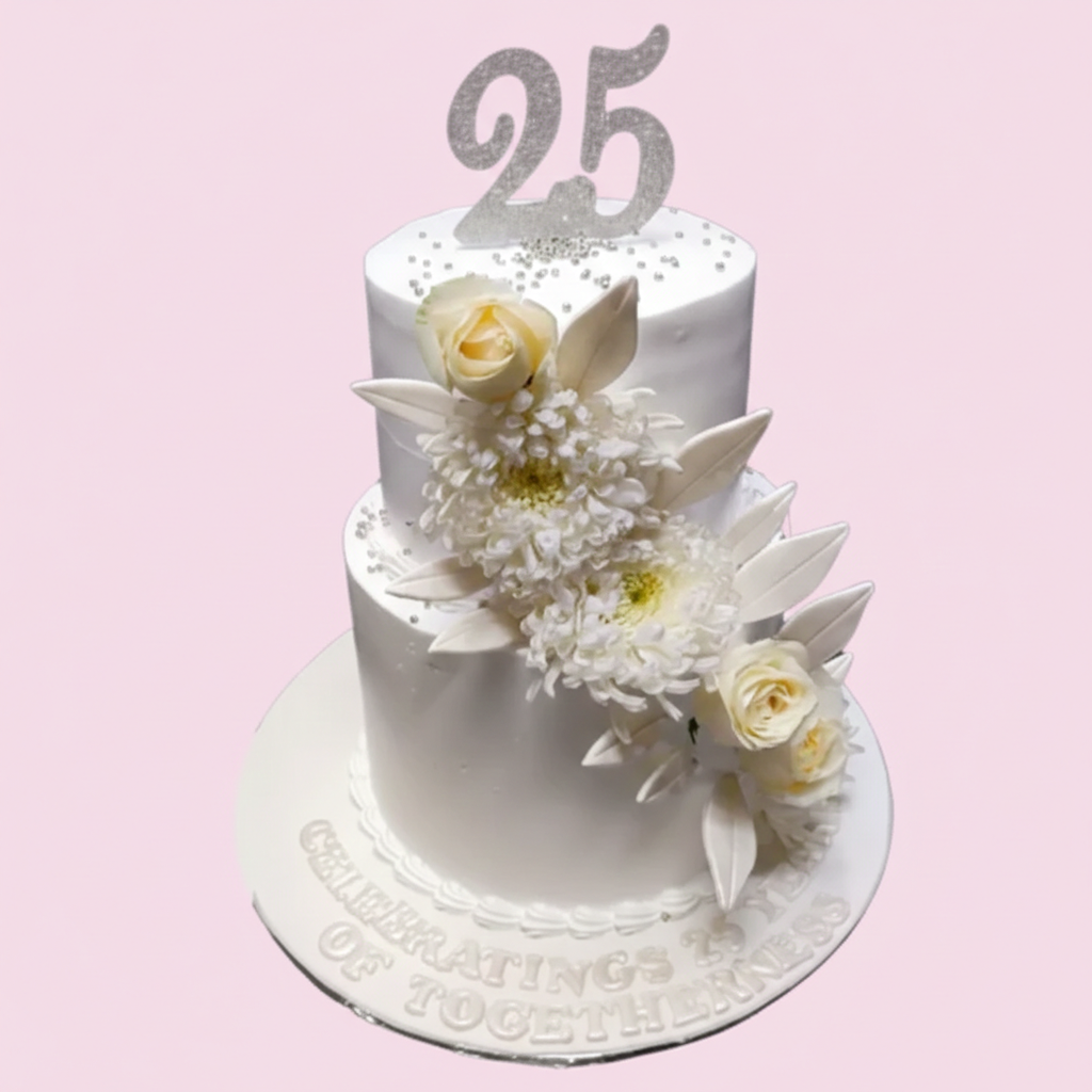 White & Silver Flower Cake