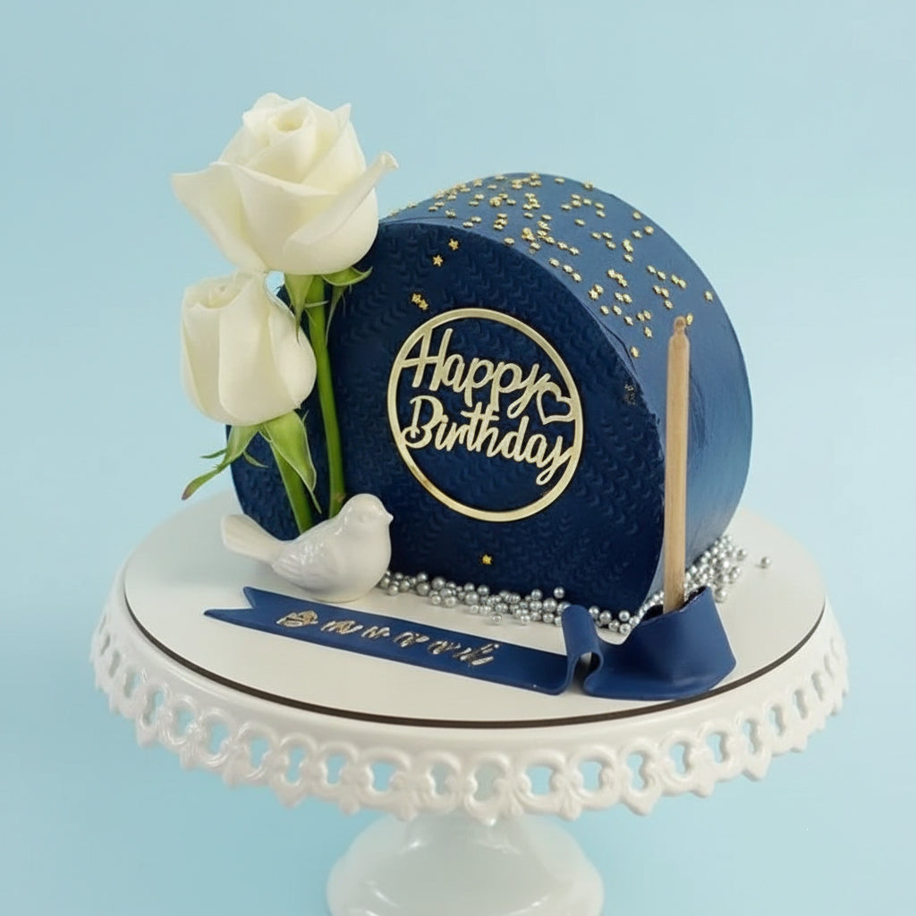 Royal Blue Floral Birthday Cake