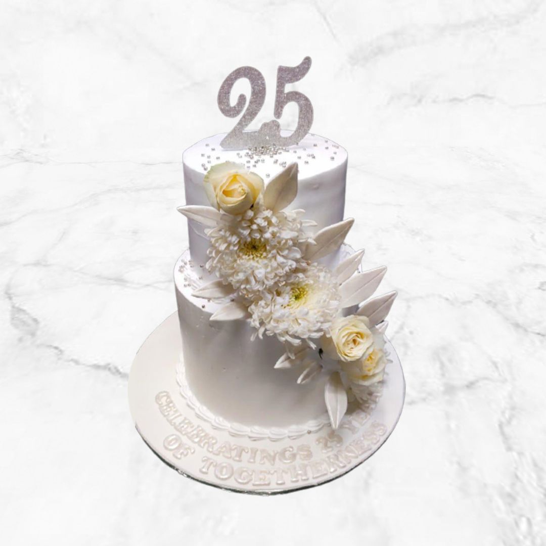 White & Silver Flower Cake